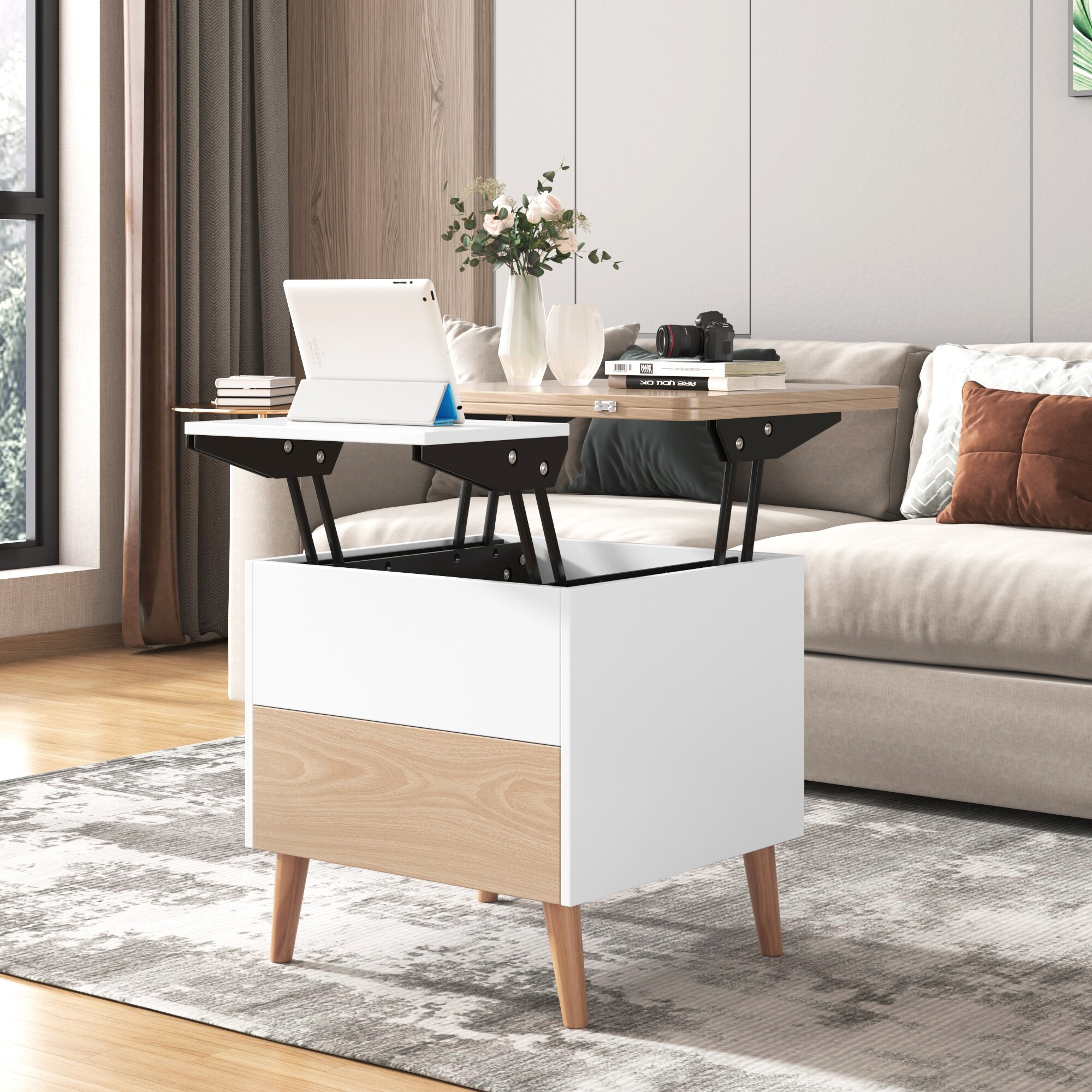 Modern White Lift Top Glass Coffee Table with Drawers & Storage - On ...